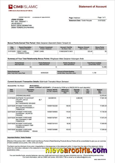 Malaysia CIMB Islamic Bank statement of account Word and PDF